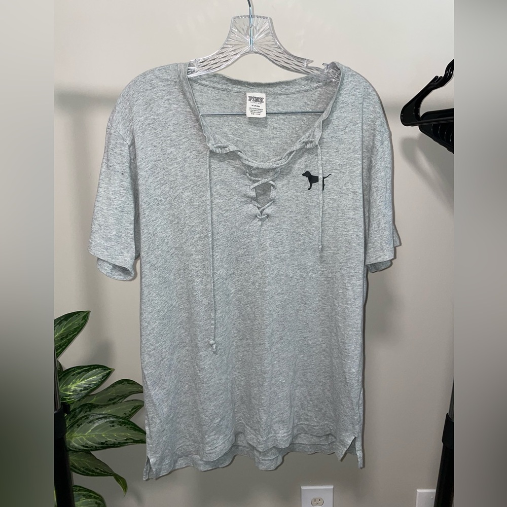 PINK Gray Tie Front Tshirt